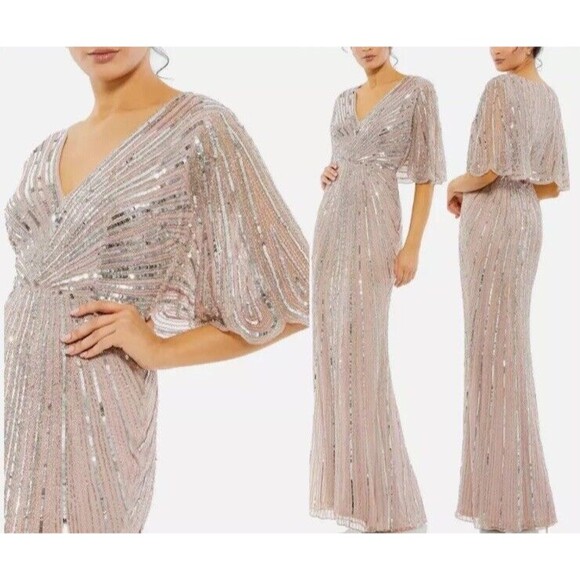 $698 MAC DUGGAL 93583 SEQUINED V NECK CAPE SLEEVE VINTAGE ROSE COLUMN GOWN SZ 20